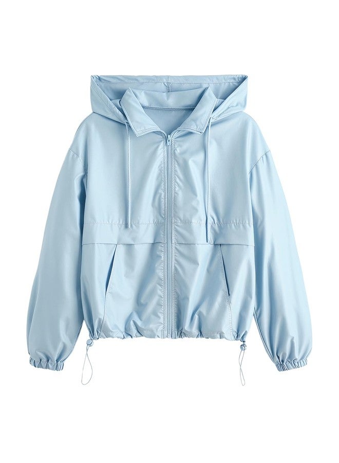 Verdusa Women's Zip Up Lightweight Windbreaker Jacket Sport Casual Workout Hoodie Outerwear with Pockets Rainy Day Outfits Light Blue Small - Image 1