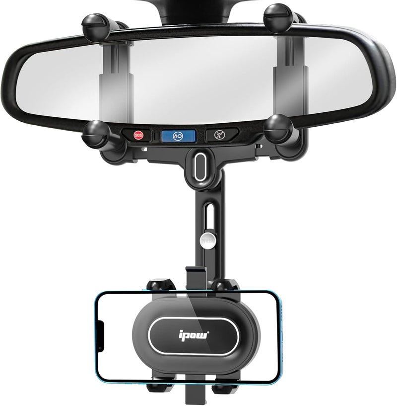 IPOW Large Rearview Mirror Smartphone Holder for Car 360°Rotatable and Retractable, 2023 Upgraded Four Corners Fixed Anti-Shake Multifunctional Design for Car Rearview Mirror with Button - Image 1