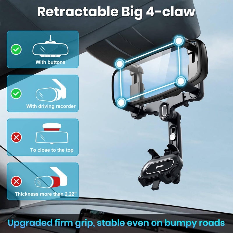 IPOW Large Rearview Mirror Smartphone Holder for Car 360°Rotatable and Retractable, 2023 Upgraded Four Corners Fixed Anti-Shake Multifunctional Design for Car Rearview Mirror with Button - Image 3