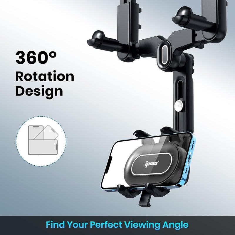 IPOW Large Rearview Mirror Smartphone Holder for Car 360°Rotatable and Retractable, 2023 Upgraded Four Corners Fixed Anti-Shake Multifunctional Design for Car Rearview Mirror with Button - Image 5