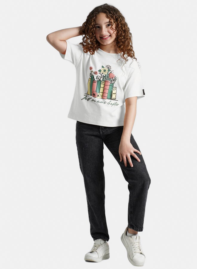 ريمينت تيشرت للبنات برسمة ورود ابيض داكن 