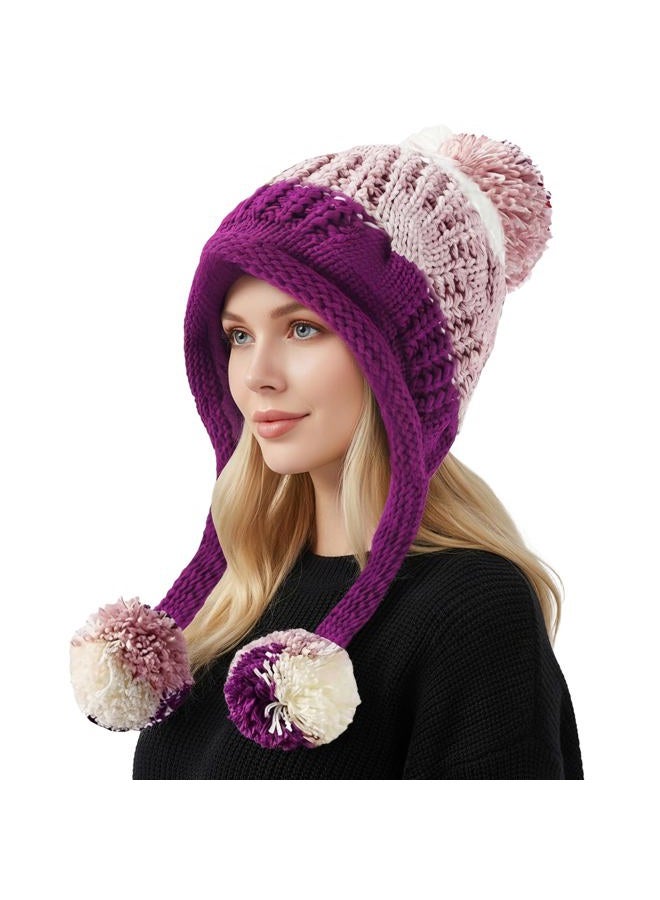 Huamulan Women Winter Sherpa Beanie Hats Knit Ear Flaps Peruvian Cover Ears Warm Fleece Lined Ski Snow Hat 3 Pompoms - Image 1
