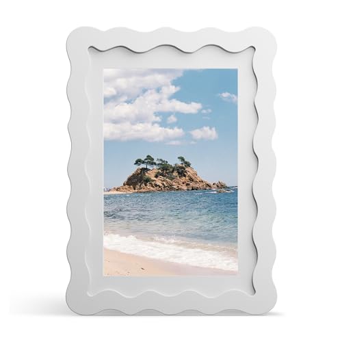 THKRLOF 5x7 Picture Frame with Mat for 4x6 Wavy Edge Wooden Real Glass Photo Frame for Tabletop and Wall Hanging White 1 Pack - Image 1