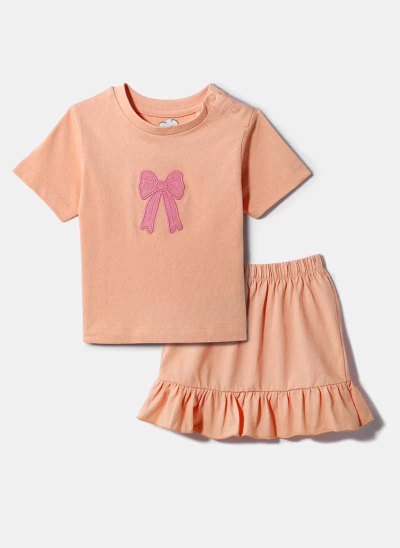 Nautinati Nautinati Peach Bow Embroidered Top and Skirt Set for Girls
