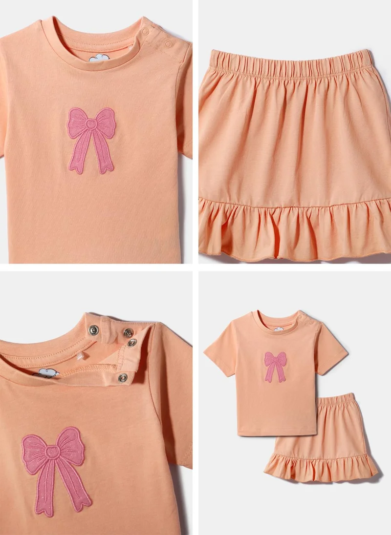 Nautinati  Nautinati Peach Bow Embroidered Top and Skirt Set for Girls for Women | Best Price UAE