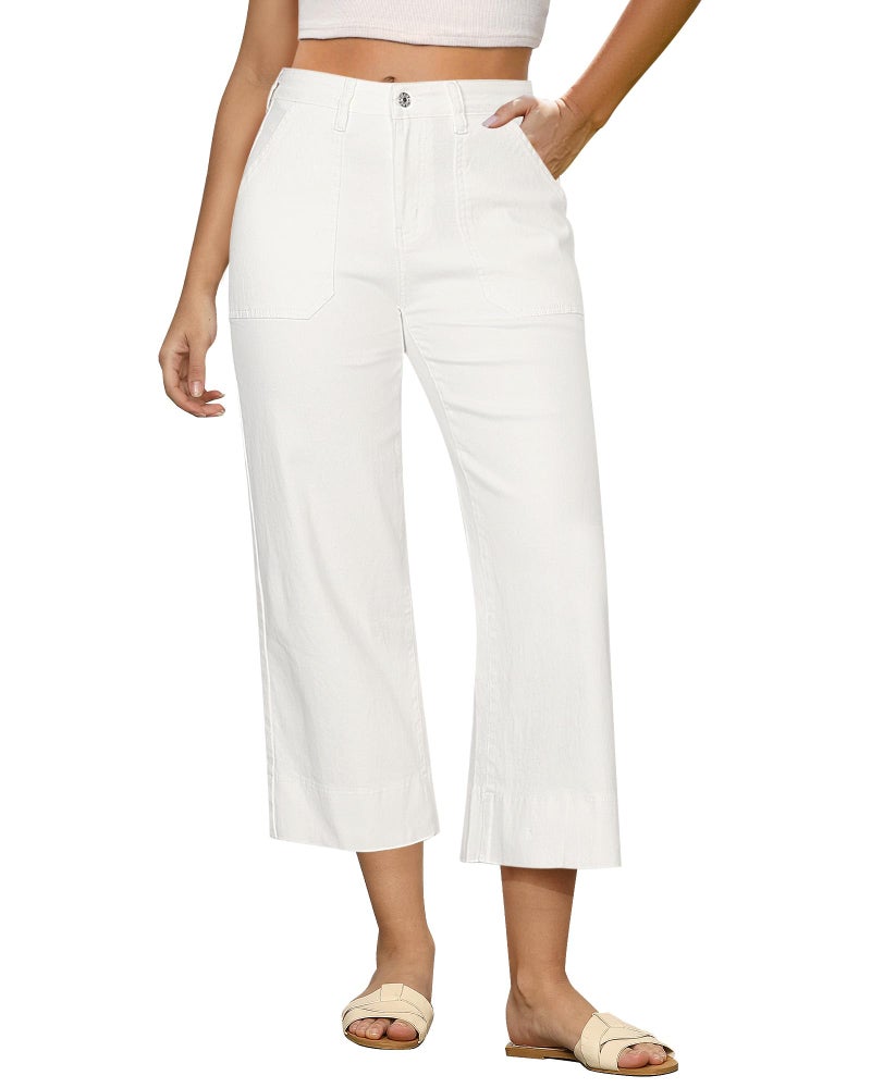 GRAPENT Womens Casual Pants Work Casual Womens Jean Capris Nashville Outfits for Women Woman Jeans Cropped High Waisted Jeans for Women Wide Leg Pants Color Cream White Small Size 4 to 6 - Image 1