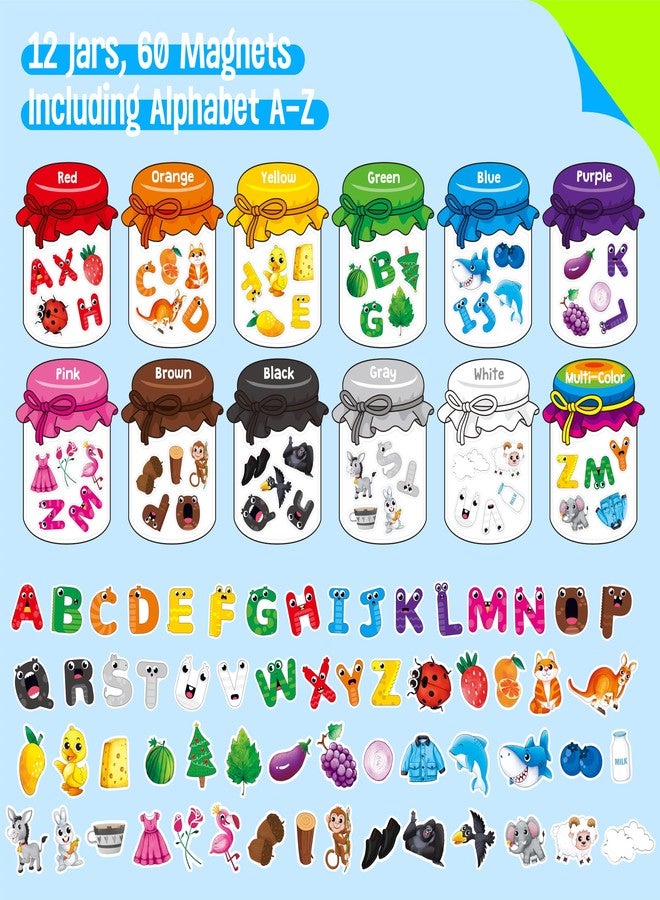 SpriteGru 12 Pieces Magnetic Color Sorting Jars, 60 Color & Letter Magnets for Fridge Whiteboard, Early Educational Sorting Toy Set, Alphabet A-Z Learning Tool for Baby Toddlers Kids - Image 3