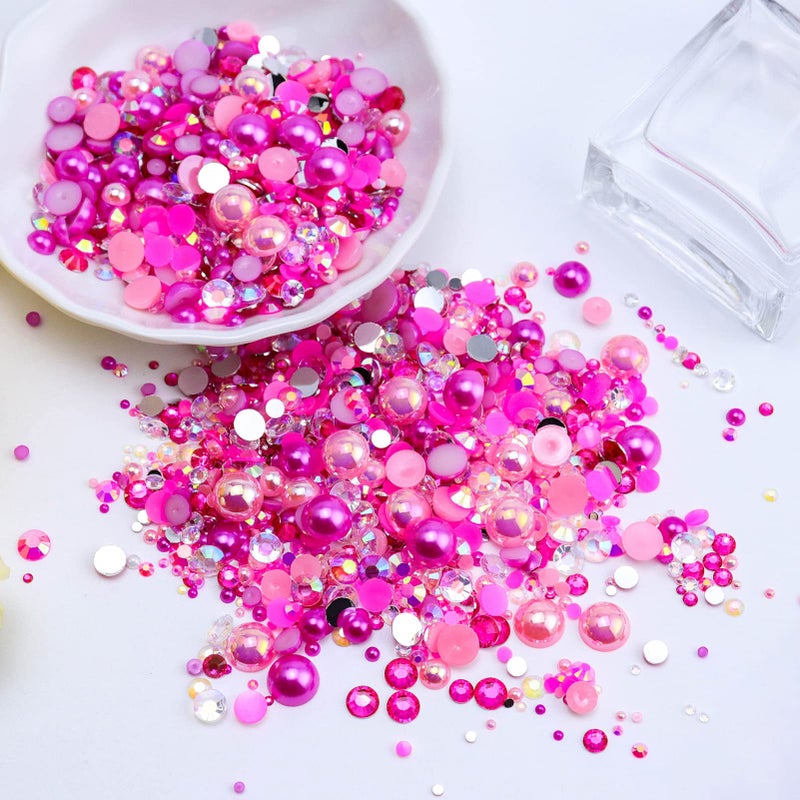 Briskbloom 60g Mix Pearls and Rhinestones for Crafts - 3620PCS 2mm-10mm Flatback for Nails, Face Art, Tumblers - Jelly and Half Pearls - Light Pink, Hot Pink, Clear - Image 3