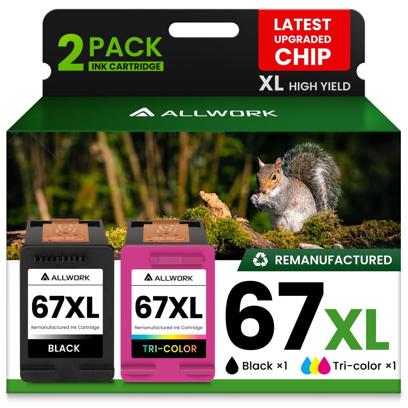 ALLWORK 67XL Ink Cartridge Replacement for HP 67 XL Remanufactured for HP Ink 67 67XL for DeskJet 2755e 2700 2855e 2800 2752 2742e 4155e 4255e 4100 Envy 6055 6055e 6455e Printer 2-Pack Black Tri-Color - Image 1