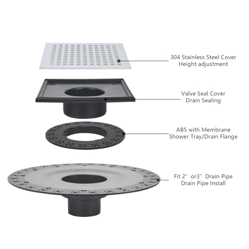 Uni-Green UniGreen Shower Drain Kit 6 Compatible with Schluter Shower Pan with Flange for 2 PipeReplacement for Schluter Shower Kit Mission Style Square Shower Floor Drain SS304 Grate and ABS Material - Image 3