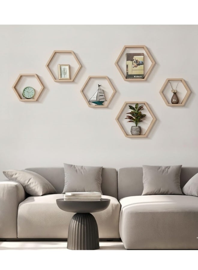 هابي هوم مجموعة من 6 رفوف حائطية سداسية الشكل بتصميم خلية النحل العصري – أرفف ديكور أنيقة لتزيين الجدران في غرفة المعيشة والنوم والممر – منظم حائط عملي لتخزين الديكورات والعطور والنباتات الصغيرة، تركيب سهل وجودة عالية 25X25 سم- بيج - Image 4