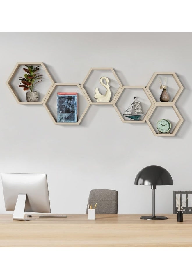 هابي هوم مجموعة من 6 رفوف حائطية سداسية الشكل بتصميم خلية النحل العصري – أرفف ديكور أنيقة لتزيين الجدران في غرفة المعيشة والنوم والممر – منظم حائط عملي لتخزين الديكورات والعطور والنباتات الصغيرة، تركيب سهل وجودة عالية 25X25 سم- بيج - Image 2