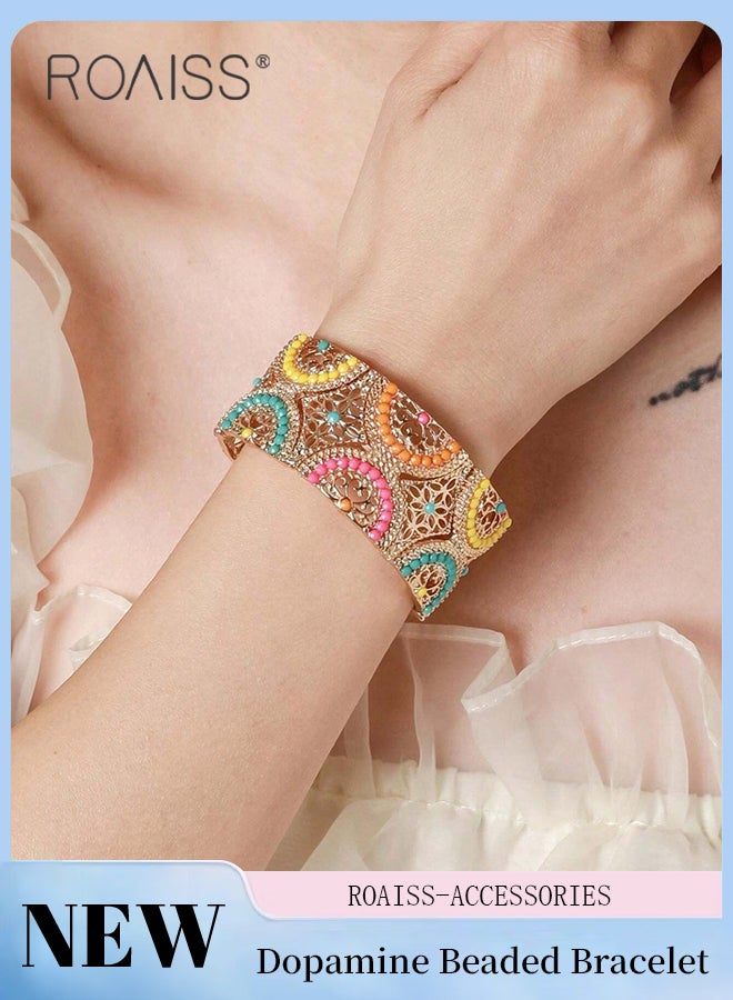 رويس سوار نسائي من الخرز الملون بتصميم كلاسيكي، أساور واسعة على الطراز البوهيمي، مجوهرات يدوية على الطراز العرقي الأدبي والفني، مناسبة للارتداء اليومي للنساء - Image 1
