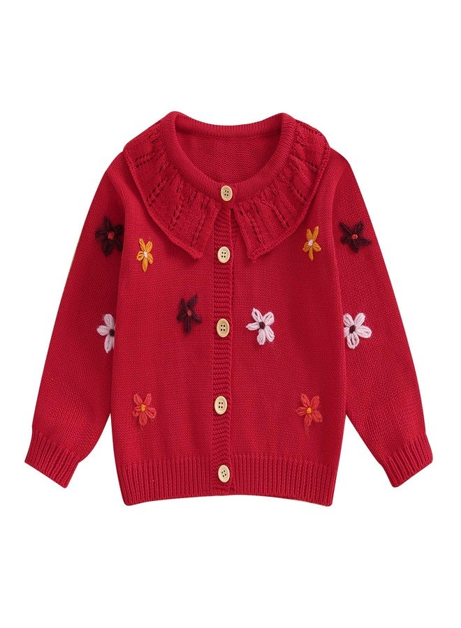 wybzd Toddler Girl Cardigan Sweater Floral Button Up Lapel Chunky Sweaters Blouse Jacket Infant Baby Knitted Clothes (Red, 18-24 Months) - Image 1