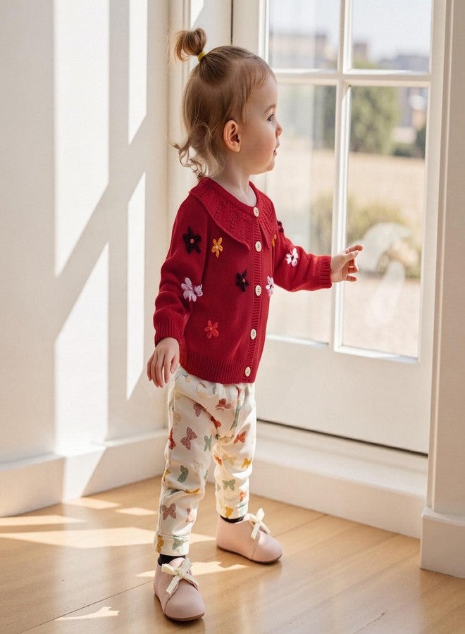 wybzd Toddler Girl Cardigan Sweater Floral Button Up Lapel Chunky Sweaters Blouse Jacket Infant Baby Knitted Clothes (Red, 18-24 Months) - Image 2