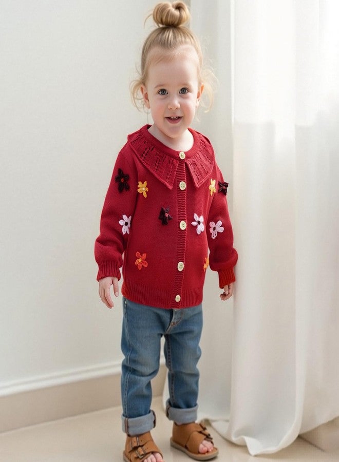wybzd Toddler Girl Cardigan Sweater Floral Button Up Lapel Chunky Sweaters Blouse Jacket Infant Baby Knitted Clothes (Red, 18-24 Months) - Image 3