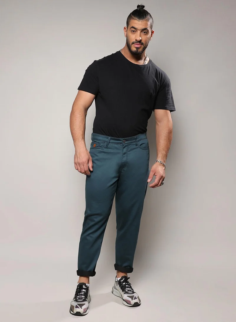 Instafab Plus Instafab Plus Men's Prussian Blue Rolled Hem Denim Jeans For Casual Wear | Dark-Wash | 5 Pockets | Button Closure | Denim Jeans Crafted With Comfort Fit For Everyday Wear