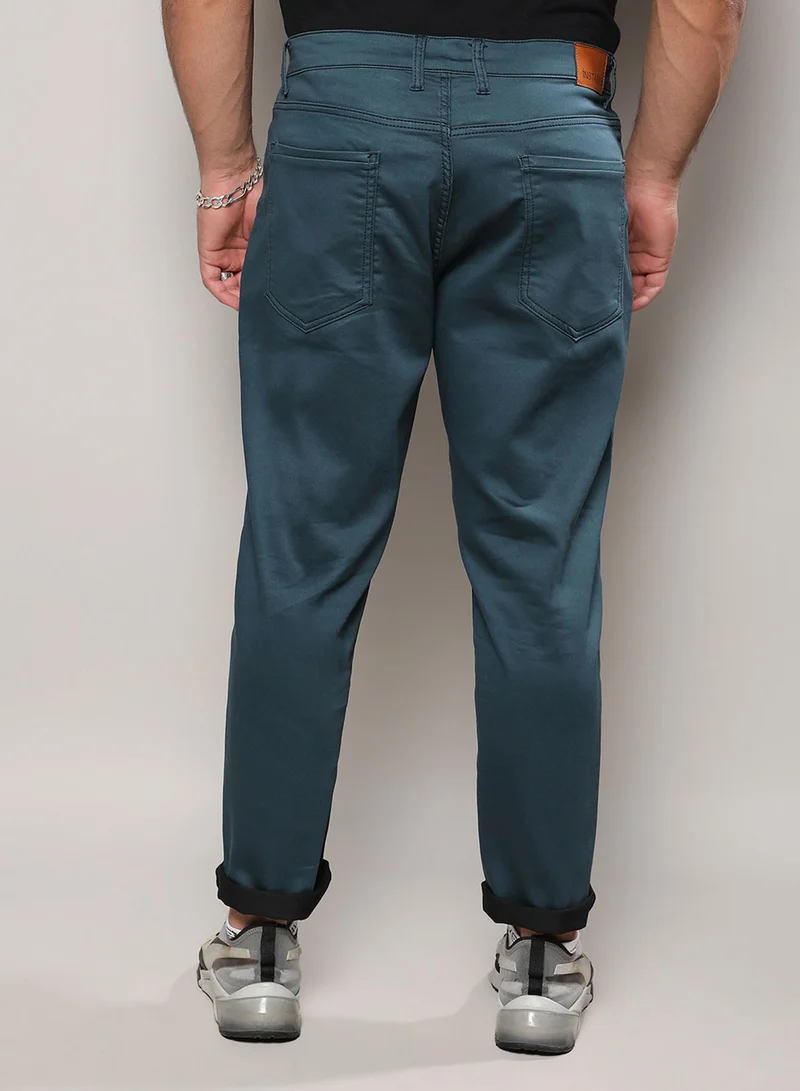 Instafab Plus Instafab Plus Men's Prussian Blue Rolled Hem Denim Jeans For Casual Wear | Dark-Wash | 5 Pockets | Button Closure | Denim Jeans Crafted With Comfort Fit For Everyday Wear