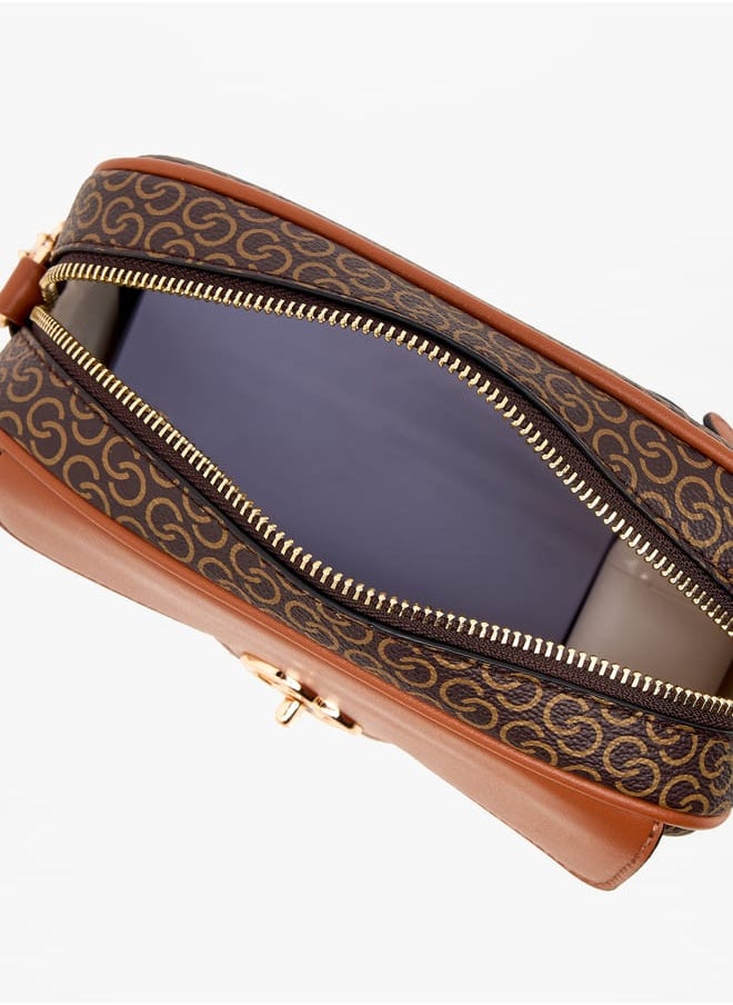 Women Monogram Print Crossbody Bag with Adjustable Strap and Zip Closure