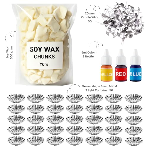 R Wellness® Candle Making Kit – Complete Set with 500g Soy Wax, 50 Wicks, 3 Pigment Colors, and Flower-Shaped Small T-Light Metal Container 50 - Image 2