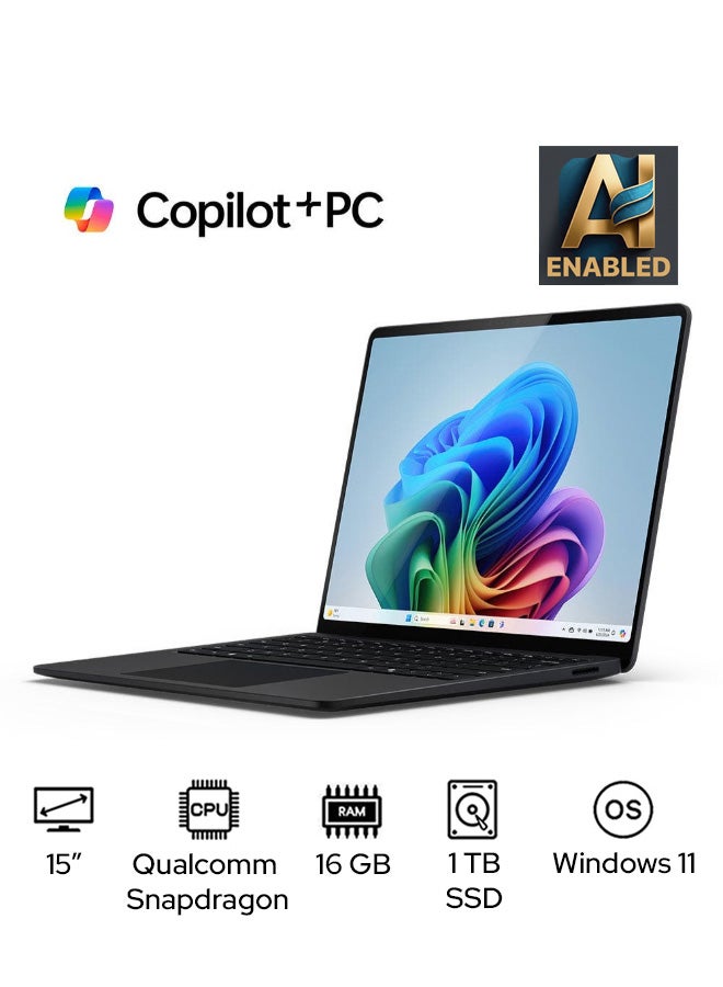 مايكروسوفت كمبيوتر محمول Surface Laptop 7 Copilot+ PC بشاشة مقاس 15 بوصة ومعالج Qualcomm Snapdragon X Elite وذاكرة وصول عشوائي 16 جيجابايت ومحرك أقراص SSD سعة 1 تيرابايت وبطاقة رسومات Qualcomm Adreno وWindows 11 - Image 1