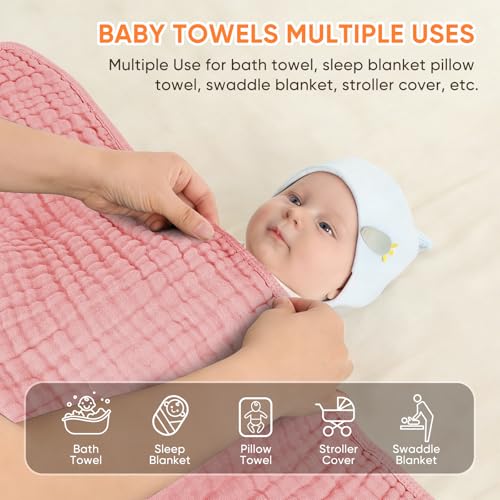 MIGIOL Muslin Hooded Baby Towels 100 Cotton Super Soft Muslin Baby Bath Towel 32 x 32 Inches Suitable for Newborn and Young Children up to 3 Years Old Light Pink Dark Pink - Image 3
