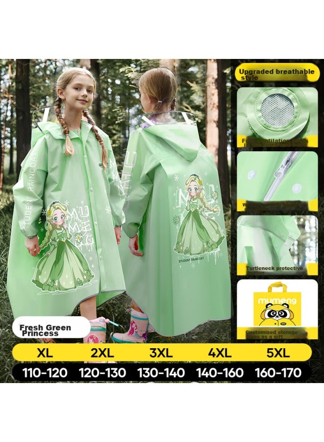 Moremerry Children's Raincoat, Full-body Waterproof For Boys And Girls, Elementary School Students' School Rain Poncho, Green Princess, 4XL - Image 1
