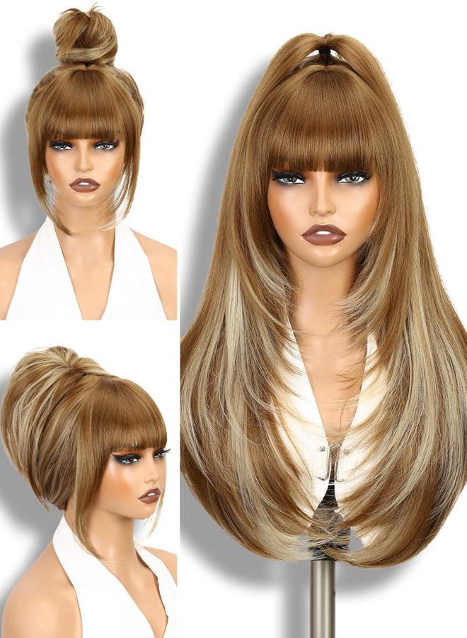 WIGNEE Blonde Wig with Fringe - Tiered Straight Haircut Blonde Wig Long for Women Natural Realistic Hair Synthetic Heat Resistant Wigs for Carnival / Theme Party - Image 1