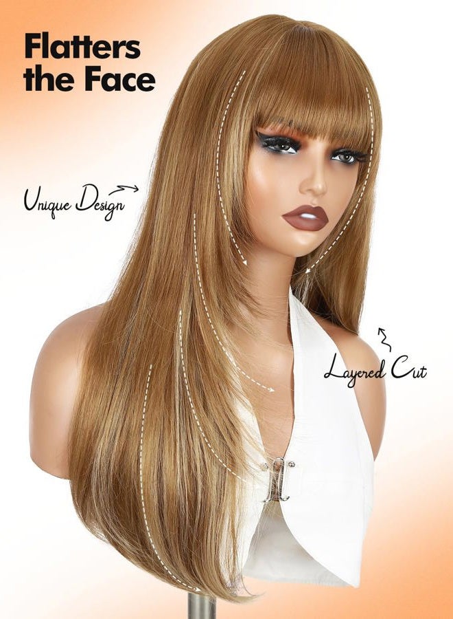 WIGNEE Blonde Wig with Fringe - Tiered Straight Haircut Blonde Wig Long for Women Natural Realistic Hair Synthetic Heat Resistant Wigs for Carnival / Theme Party - Image 2