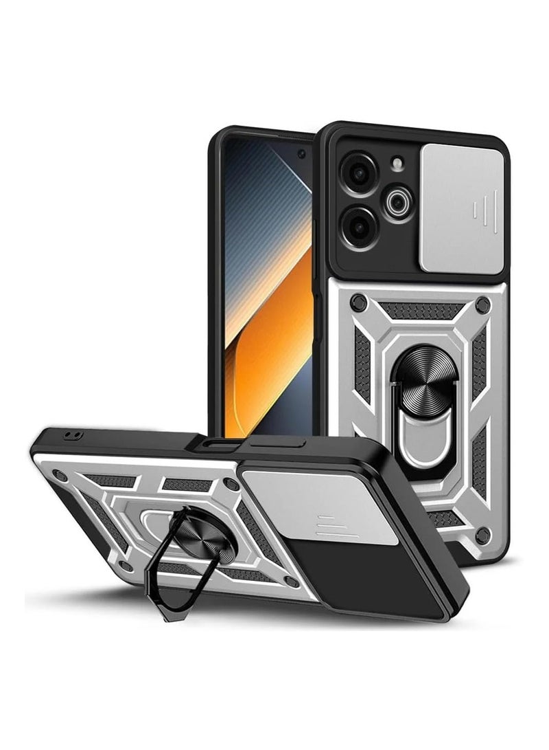 عام جراب متوافق مع Tecno Pova 6 Pro 5G، يتميز بتغطية منزلقة لكاميرا، تصميم مقاوم للصدمات من الدرجة العسكرية، وحامل حلقي مغناطيسي. يحتوي على قاعدة دعم لجهاز Tecno Pova 6 Pro.