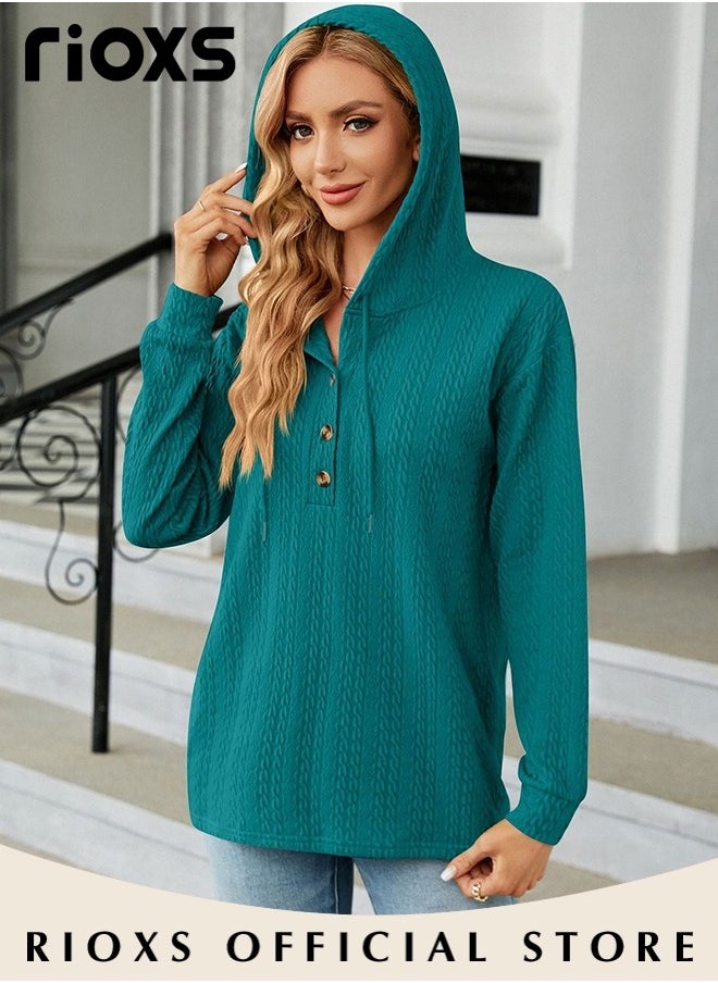 RIOXS - Women's Solid Color V-neck Button Long Sleeve Shirt Hooded Knitted Jacquard Tops Soft and Comfortable Pullover Shirt - Image 1