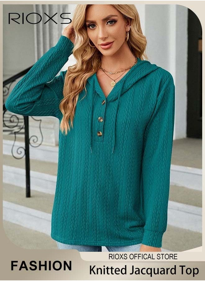 RIOXS - Women's Solid Color V-neck Button Long Sleeve Shirt Hooded Knitted Jacquard Tops Soft and Comfortable Pullover Shirt - Image 1