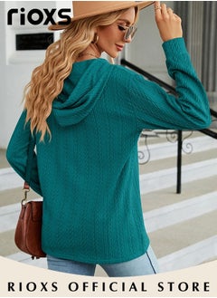 RIOXS Women's Solid Color V-neck Button Long Sleeve Shirt Hooded Knitted Jacquard Tops Soft and Comfortable Pullover Shirt  - Image 5