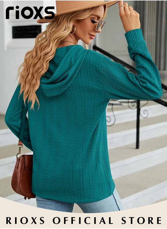 RIOXS - Women's Solid Color V-neck Button Long Sleeve Shirt Hooded Knitted Jacquard Tops Soft and Comfortable Pullover Shirt - Image 1