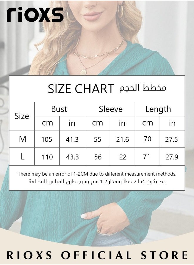 RIOXS - Women's Solid Color V-neck Button Long Sleeve Shirt Hooded Knitted Jacquard Tops Soft and Comfortable Pullover Shirt - Image 1