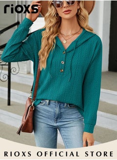 RIOXS Women's Solid Color V-neck Button Long Sleeve Shirt Hooded Knitted Jacquard Tops Soft and Comfortable Pullover Shirt  - Image 4
