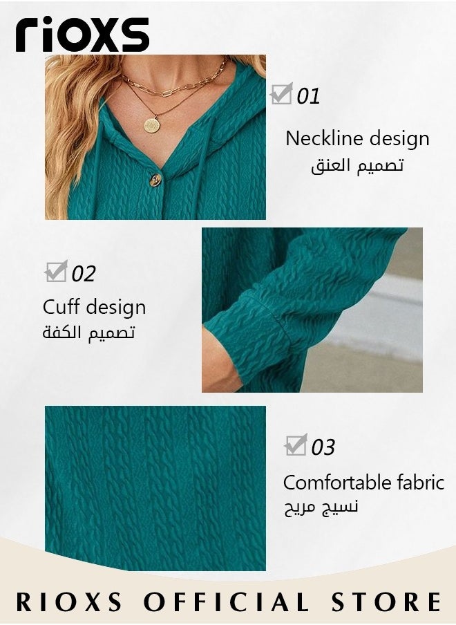 RIOXS - Women's Solid Color V-neck Button Long Sleeve Shirt Hooded Knitted Jacquard Tops Soft and Comfortable Pullover Shirt - Image 1