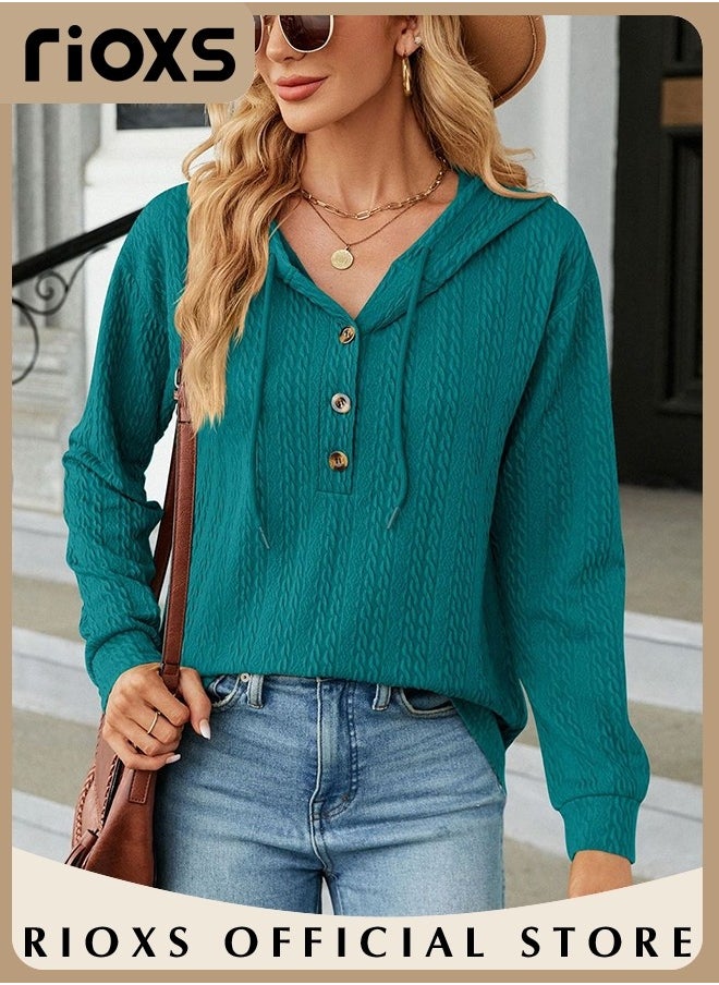 RIOXS - Women's Solid Color V-neck Button Long Sleeve Shirt Hooded Knitted Jacquard Tops Soft and Comfortable Pullover Shirt - Image 1