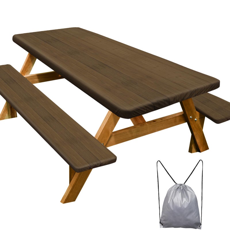 Play Tailor Picnic Table Cover with Bench Covers Camping Essentials Waterproof Windproof Camping Tablecloth with Drawstring Bag, Fitted Rectangle Tables and Seats, 72in, Dark Brown - Image 1