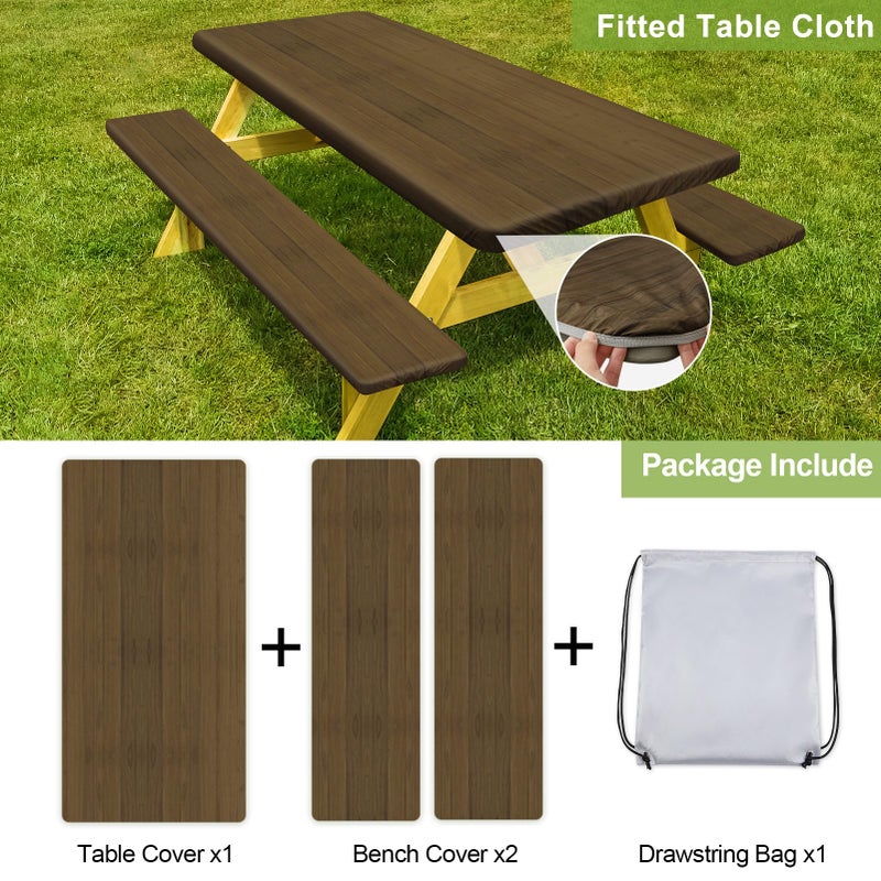 Play Tailor Picnic Table Cover with Bench Covers Camping Essentials Waterproof Windproof Camping Tablecloth with Drawstring Bag, Fitted Rectangle Tables and Seats, 72in, Dark Brown - Image 4