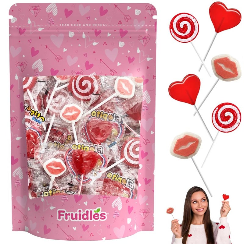 Fruidles Valentine's Lollipop Party Mix, Hearts, Lips N' Swirls Mixed Fruit Flavor Assortment, Individually Wrapped Assorted (1 Pound) - Image 1
