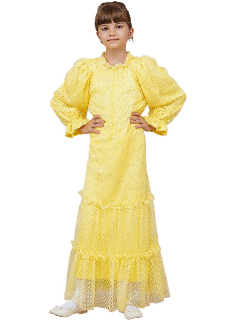 Lamora Young Girls Long two-layer mesh Layered Halter Pleated Long Sleeves Kids Dress Yellow - Image 1