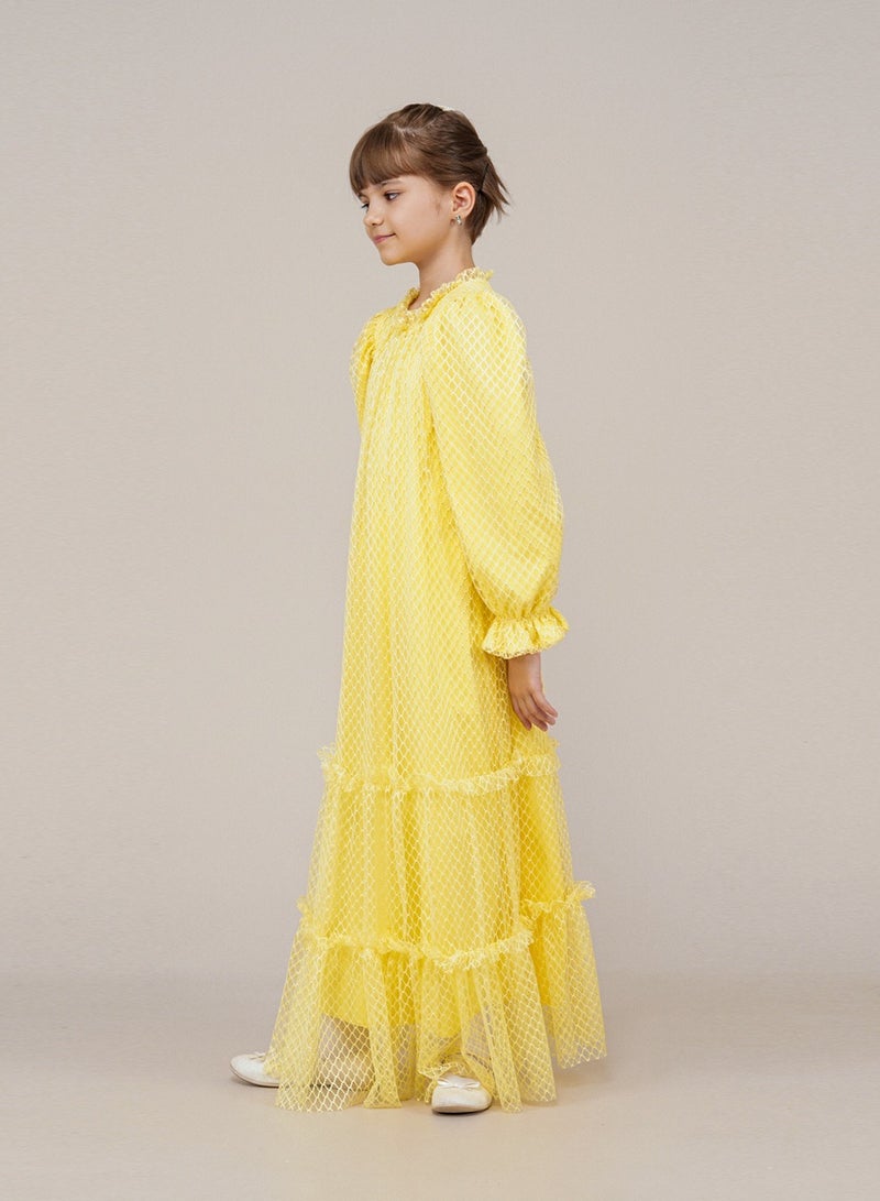 Lamora Young Girls Long two-layer mesh Layered Halter Pleated Long Sleeves Kids Dress Yellow - Image 2
