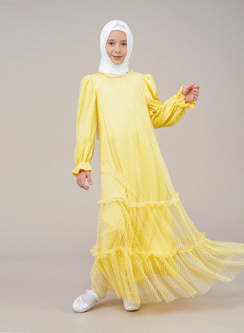 Lamora Young Girls Long two-layer mesh Layered Halter Pleated Long Sleeves Kids Dress Yellow - Image 3