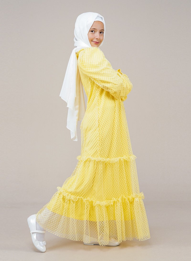 Lamora Young Girls Long two-layer mesh Layered Halter Pleated Long Sleeves Kids Dress Yellow - Image 4