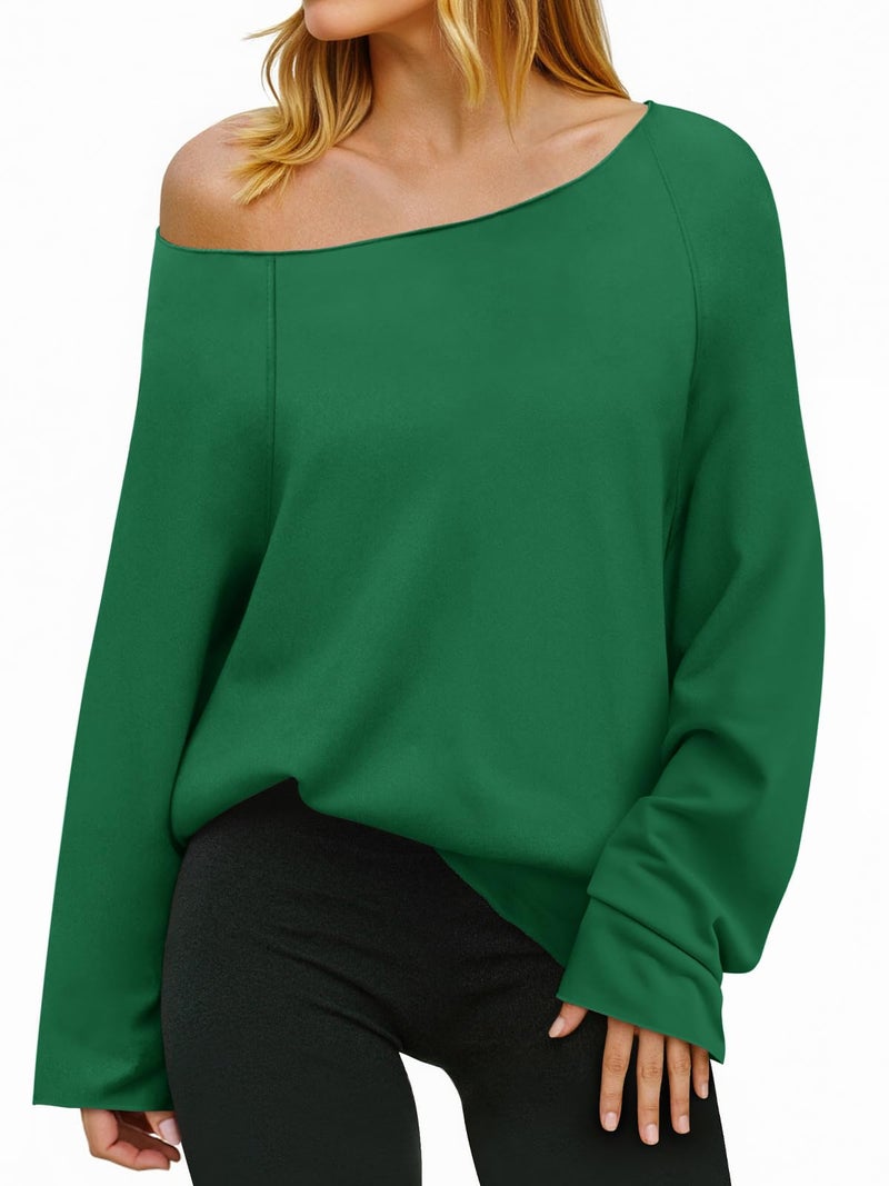Fisoew Womens Off The Shoulder Tops Sweatshirts Lightweight Oversized Pullovers Long Sleeve Y2k Loose Fit Tunic Tops Green - Image 1