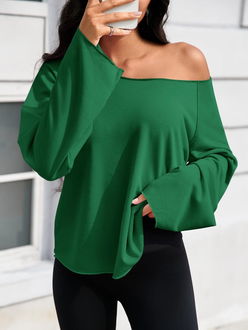 Fisoew Womens Off The Shoulder Tops Sweatshirts Lightweight Oversized Pullovers Long Sleeve Y2k Loose Fit Tunic Tops Green - Image 3