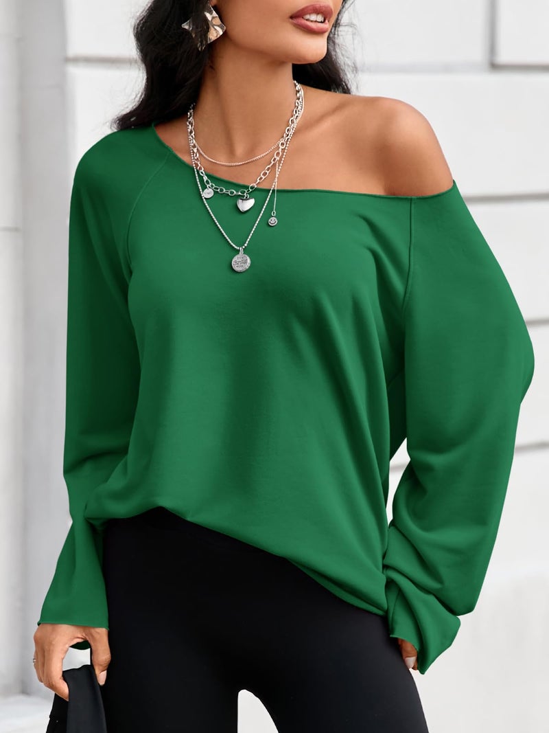 Fisoew Womens Off The Shoulder Tops Sweatshirts Lightweight Oversized Pullovers Long Sleeve Y2k Loose Fit Tunic Tops Green - Image 2