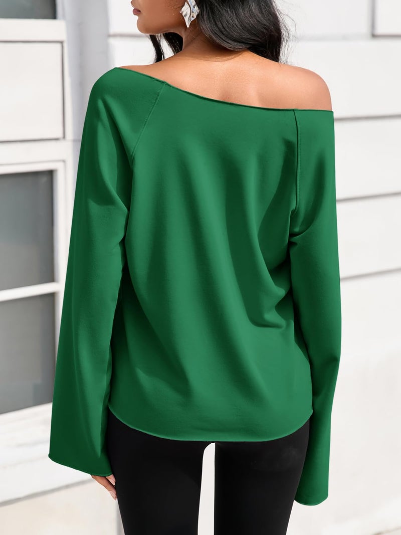 Fisoew Womens Off The Shoulder Tops Sweatshirts Lightweight Oversized Pullovers Long Sleeve Y2k Loose Fit Tunic Tops Green - Image 5