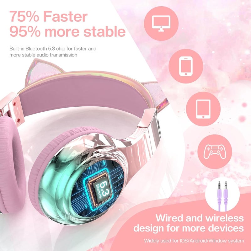 جي واي بي اس سماعات JYPS اللاسلكية للأطفال، تصميم جميل مع لمسة معدنية، تقنية Bluetooth 5.3، مستويات صوت آمنة تتراوح بين 75/85/94 ديسيبل، وقت تشغيل يصل إلى 60 ساعة، صوت استريووي، سماعات للأطفال بتصميم يغطي الأذنين من نوع Type-C، مناسبة لأجهزة iPad/Kindle/Tablet. - Image 3